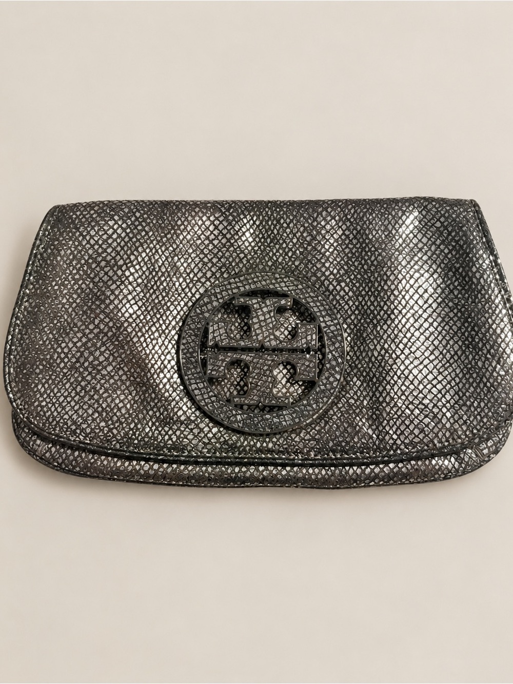 Tory Burch Metallic Snakeskin Clutch Bag Gray Silver